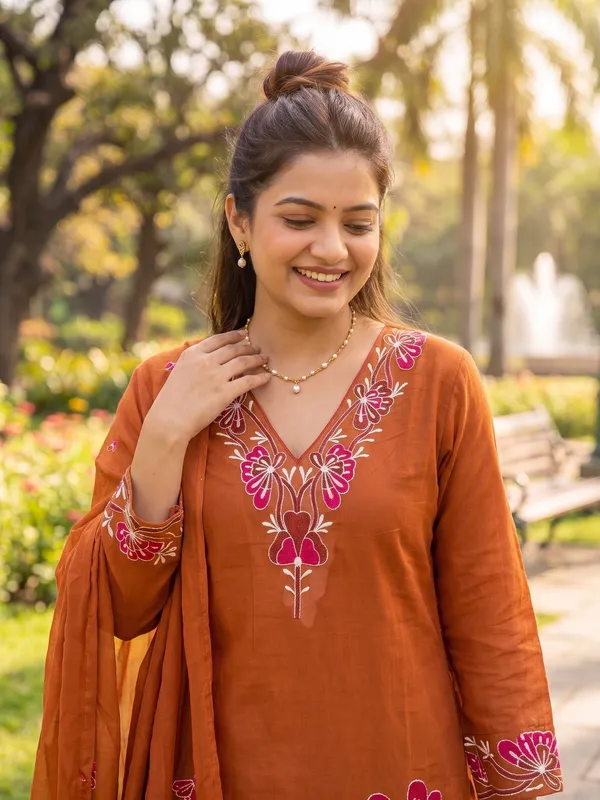 Rust_Brown_Floral_Embroidered_Kurta_Set_with_Dupatta_for_Women_&_Girls.