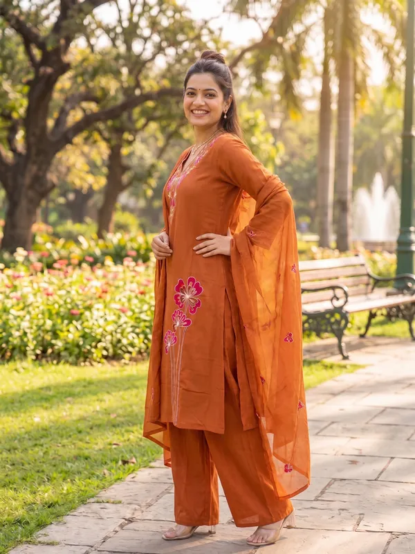 Rust_Brown_Floral_Embroidered_Kurta_Set_with_Dupatta_for_Women_&_Girls.