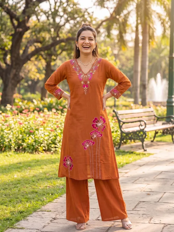 Rust_Brown_Floral_Embroidered_Kurta_Set_with_Dupatta_for_Women_&_Girls.