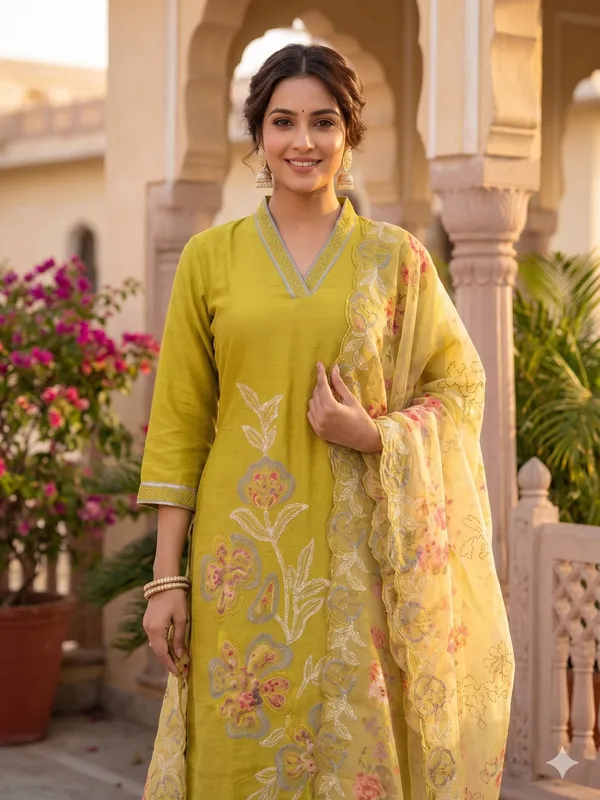 Olive_Green_Floral_Embroidered_Silk-Blend_Set_with_Dupatta_for_Women_&_Girls