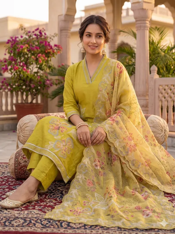 Olive_Green_Floral_Embroidered_Silk-Blend_Set_with_Dupatta_for_Women_&_Girls