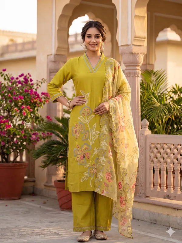 Olive_Green_Floral_Embroidered_Silk-Blend_Set_with_Dupatta_for_Women_&_Girls