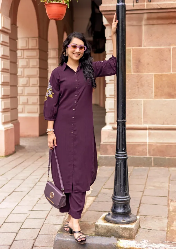 Wine_Embroidered_Sleeve_Co-Ord_Set_For_Girls_&_Women