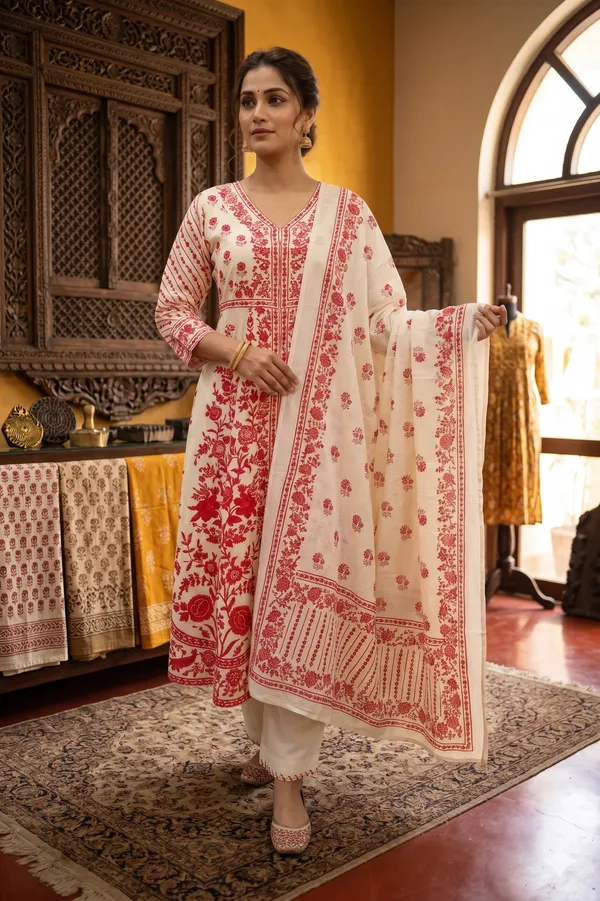 Off_White_And_Red_Cotton_Anarkali_Set_For_Women_And_Girls