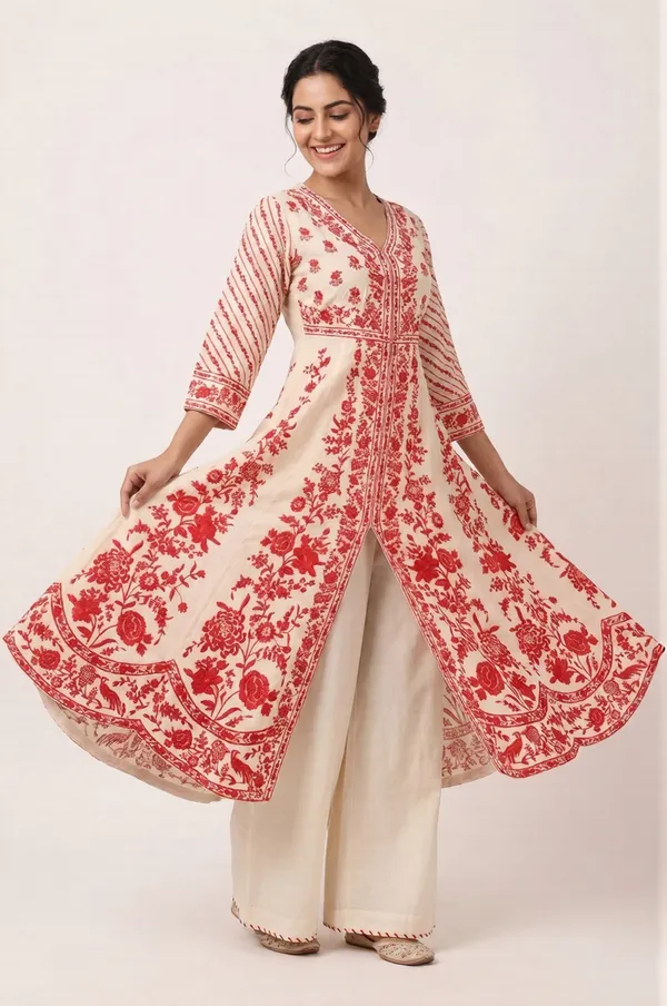 Off_White_And_Red_Cotton_Anarkali_Set_For_Women_And_Girls