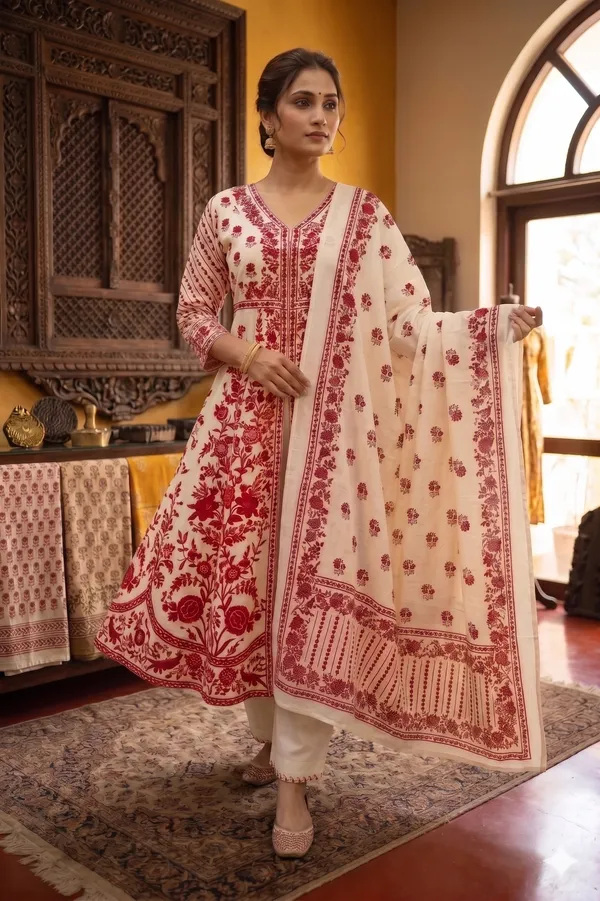 Off_White_And_Red_Cotton_Anarkali_Set_For_Women_And_Girls