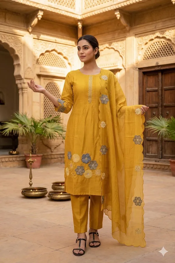 Mustard_Mal_Chanderi_Cotton_Kurti_Set_With_Dupatta_For_Women_And_Girls