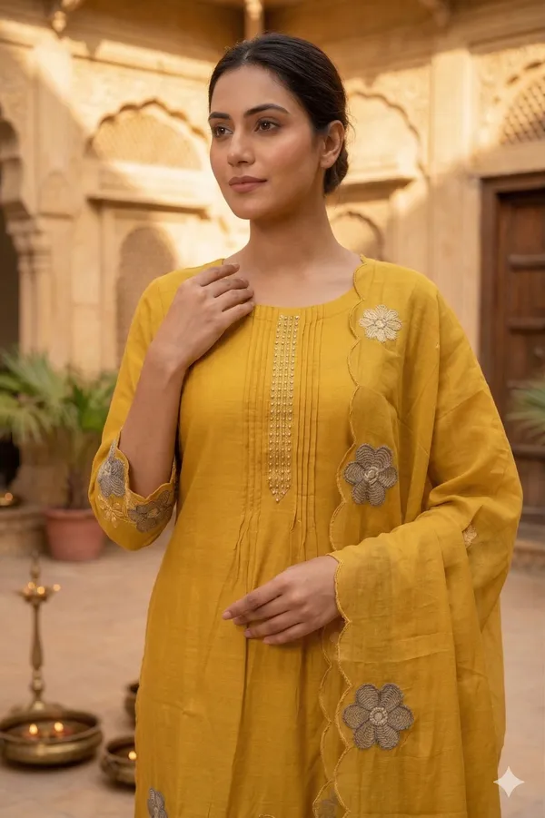 Mustard_Mal_Chanderi_Cotton_Kurti_Set_With_Dupatta_For_Women_And_Girls