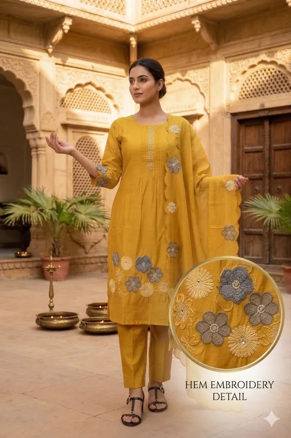 Mustard_Mal_Chanderi_Cotton_Kurti_Set_With_Dupatta_For_Women_And_Girls