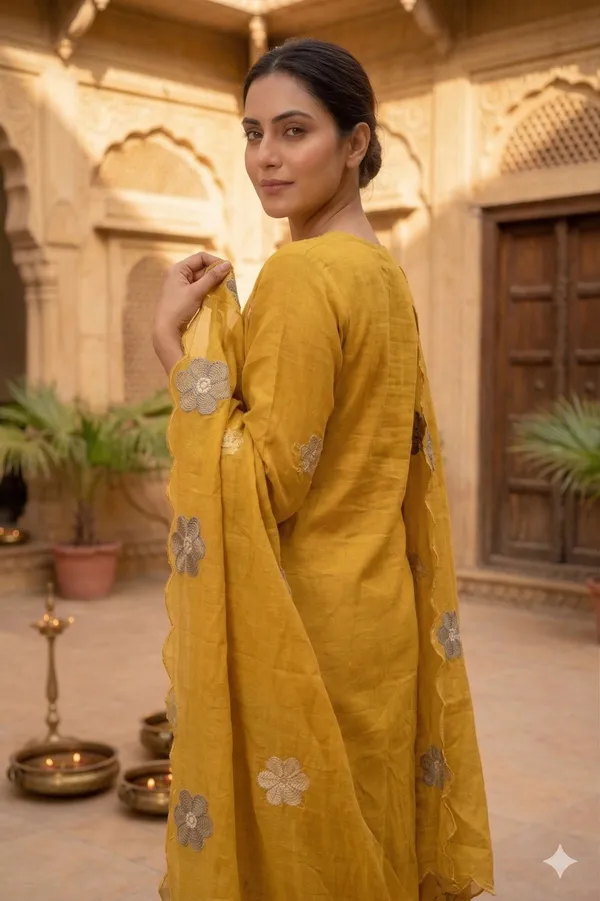 Mustard_Mal_Chanderi_Cotton_Kurti_Set_With_Dupatta_For_Women_And_Girls