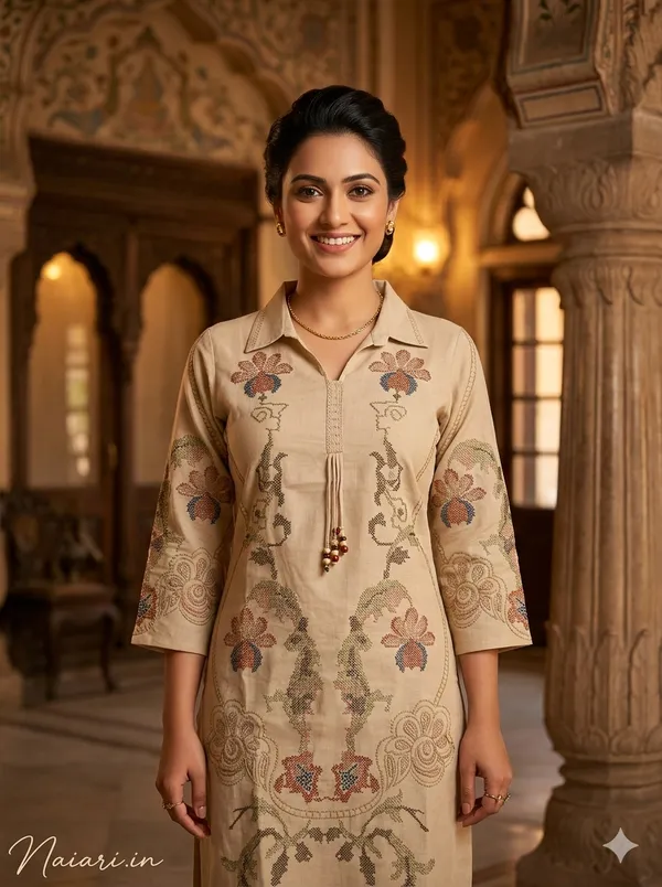 Off_White_Khadi_Cotton_Kurti_Set_With_Dupatta_For_Women_And_Girls
