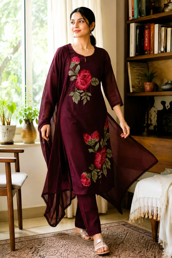 Wine_Mal_Cotton_Embroided_Kurti_Set_With_Dupatta_For_Women_And_Girls