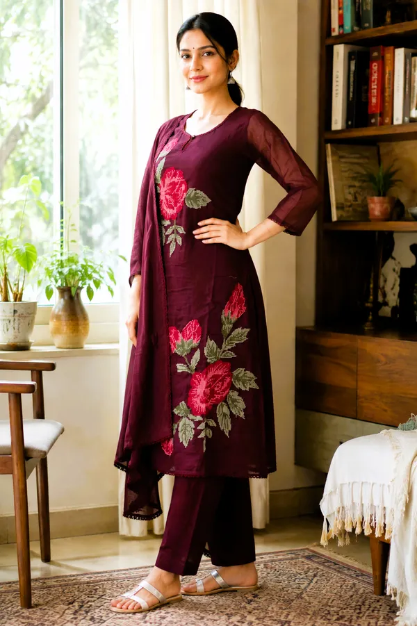 Wine_Mal_Cotton_Embroided_Kurti_Set_With_Dupatta_For_Women_And_Girls