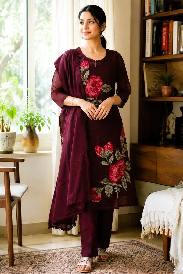 Wine_Mal_Cotton_Embroided_Kurti_Set_With_Dupatta_For_Women_And_Girls
