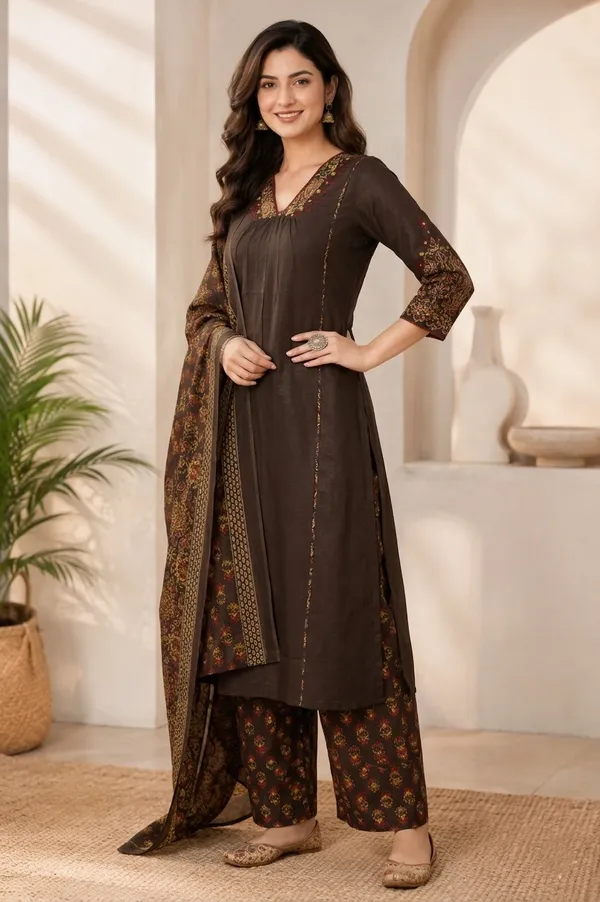 Dusty_Brown_Cotton_Kurti_Set_With_Dupatta_For_Women_And_Girls