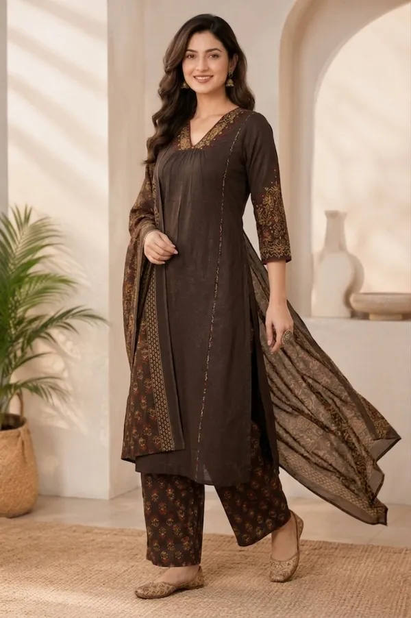 Dusty_Brown_Cotton_Kurti_Set_With_Dupatta_For_Women_And_Girls