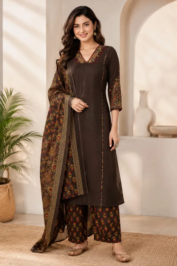 Dusty_Brown_Cotton_Kurti_Set_With_Dupatta_For_Women_And_Girls