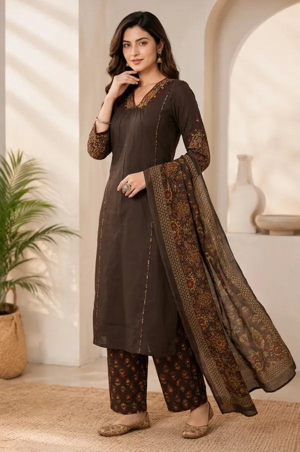 Dusty_Brown_Cotton_Kurti_Set_With_Dupatta_For_Women_And_Girls