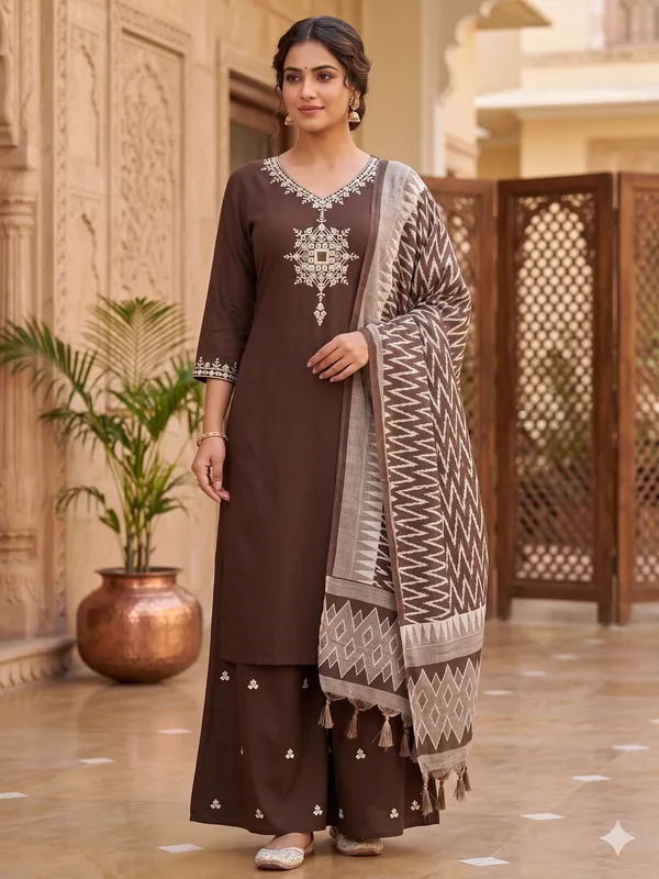 Chocalate_Brown_Embroidered_Sharara_Set_with_Dupatta_for_Women_&_Girls