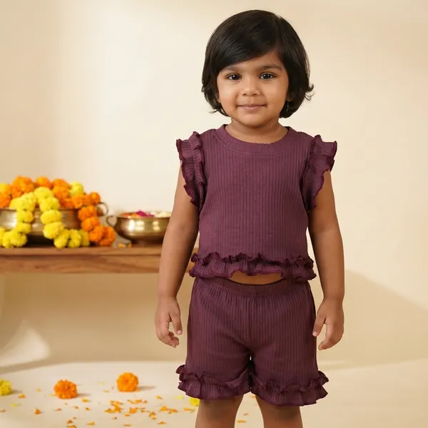 Maroon_Ribbed_Cotton_Doriya_Top_And_Shorts_Co_Ord_Set