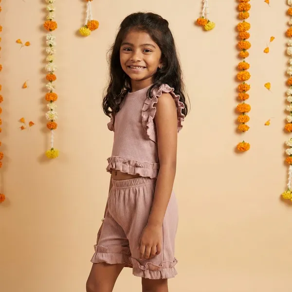 Light_Brown_Ribbed_Cotton_Doriya_Top_And_Shorts_Co_Ord_Set