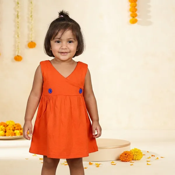 Orange_Bamboo_Cotton_Sleeveless_Frock_With_Front_Button_Detailing