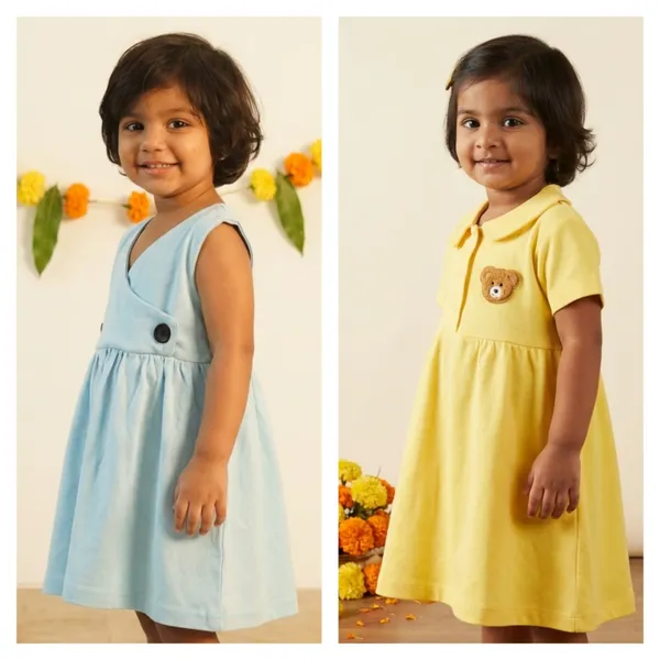 Yellow_Bamboo_Cotton_Frock_With_Teddy_Style_Collar_And_Light_Blue_Sleeveless_Frock_With_Front_Button_Detailing_|_Pack_Of_2