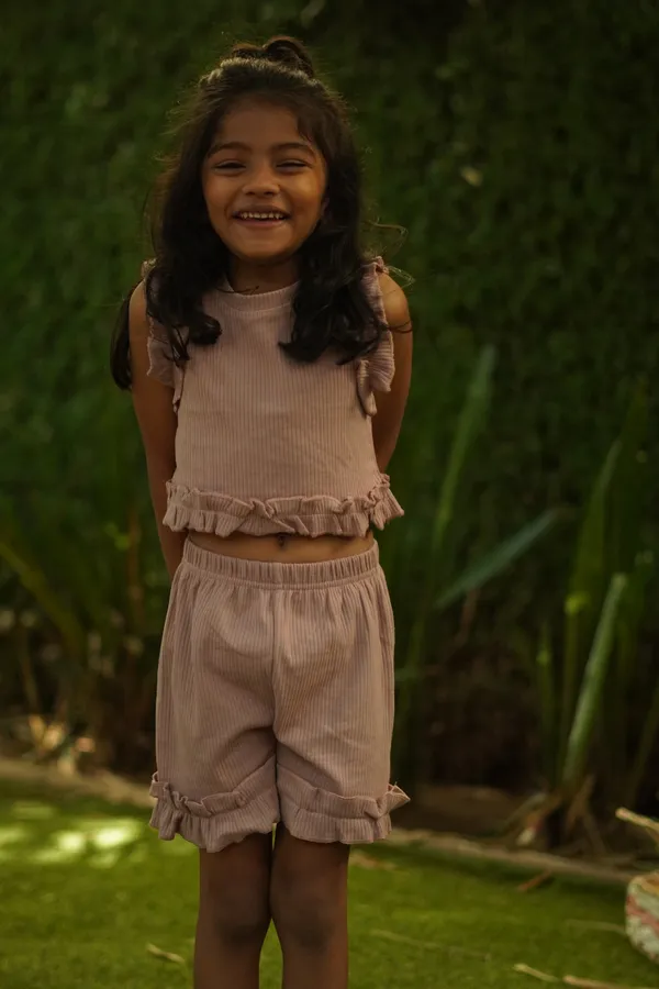 Light_Brown_Ribbed_Cotton_Doriya_Top_And_Shorts_Co_Ord_Set
