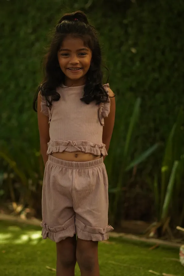 Light_Brown_Ribbed_Cotton_Doriya_Top_And_Shorts_Co_Ord_Set