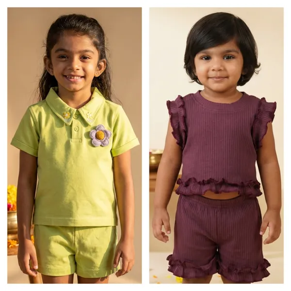 Maroon_Ribbed_Cotton_Doriya_And_Green_Premium_Interlock_Top_And_Shorts_Co_Ord_Set_|_Pack_Of_2