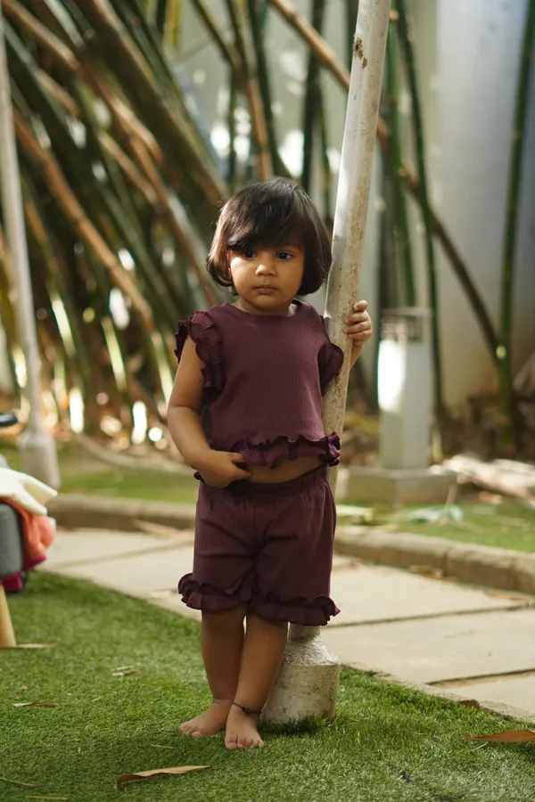 Maroon_Ribbed_Cotton_Doriya_Top_And_Shorts_Co_Ord_Set