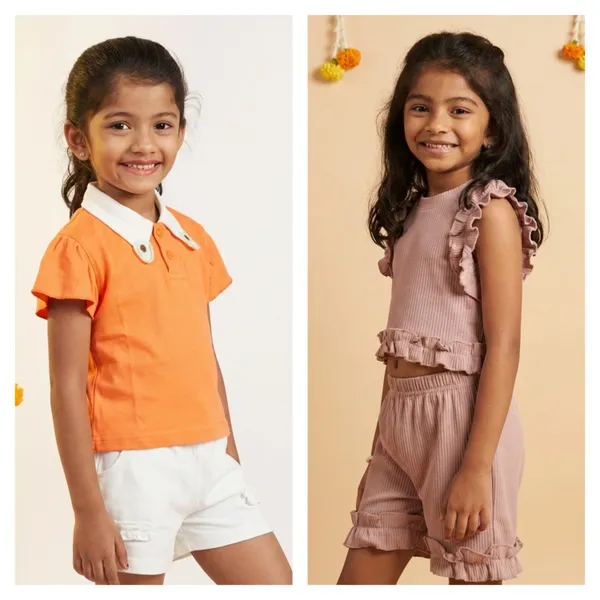 Orange_Premium_Interlock_And_Peach_Ribbed_Cotton_Doriya_Top_And_Shorts_Co_Ord_Set_|_Pack_Of_2