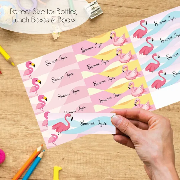 Zooplay_India_Waterproof_Name_Stickers,_Pack_of_90_Personalized_Stickers_for_School,_Bottles,_Lunchboxes_&_Stationery_�_Durable,_Peel_&_Stick,_Dishwasher_Safe_Tags_(Flamingo_Dreams)