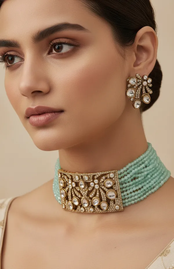 Regal_Victorian_Design_Rectangular_Choker_Set_With_Mint_Bead_Strand