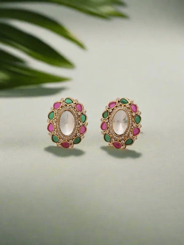 Moissanite_Kundan_Crystal_Green_Red_Oval_Studs