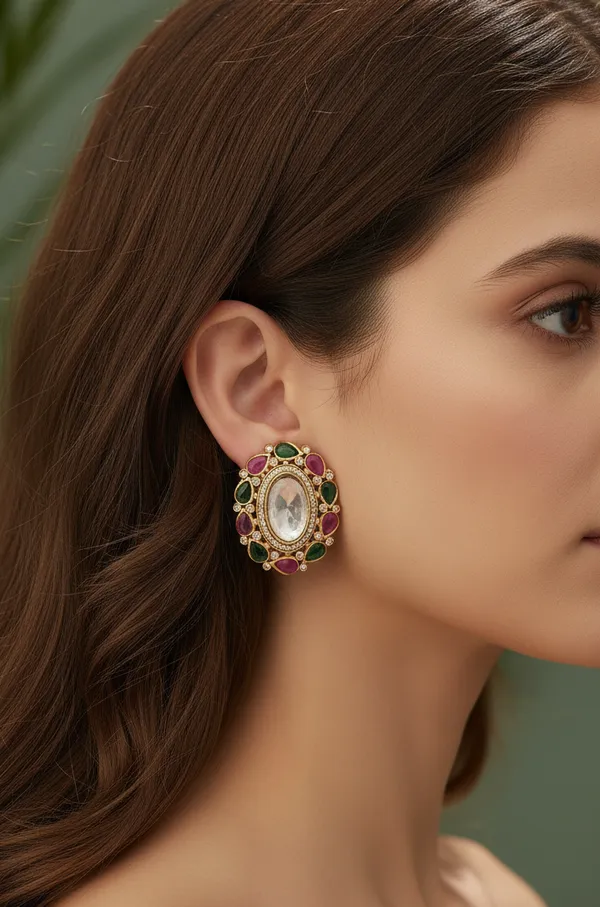 Moissanite_Kundan_Crystal_Green_Red_Oval_Studs
