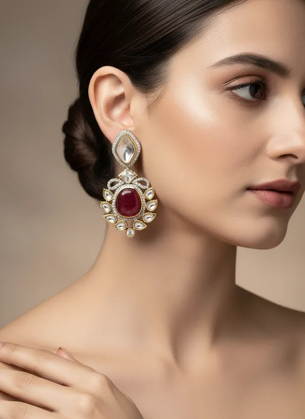 Antique_Gold_Plated_With_Red_Crystal_Studded_Drop_Earrings