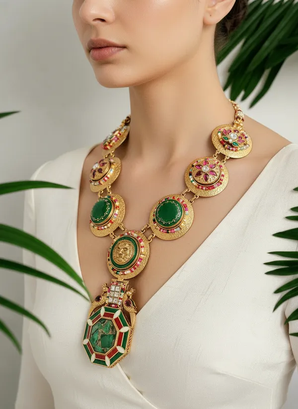 Antique_Gold_Plated_Contemporary_Set_With_Green_And_Red_Enamel