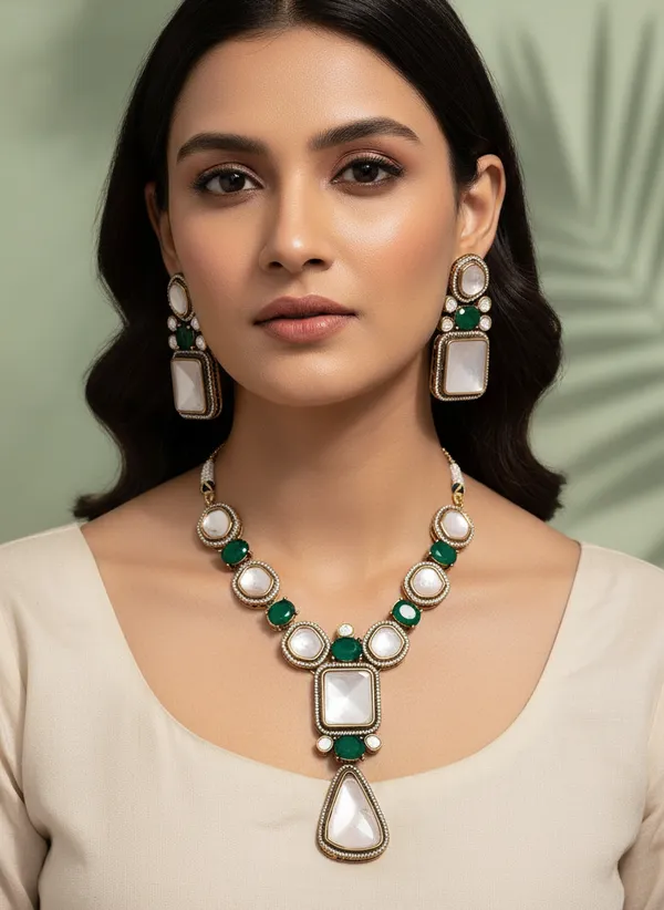 Gold_Plated_Royal_Moissanite_Green_Stone_Necklace_Set
