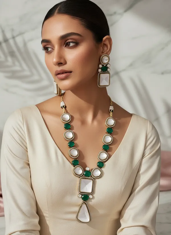 Gold_Plated_Royal_Moissanite_Green_Stone_Necklace_Set
