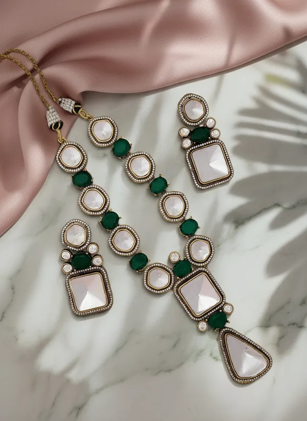 Gold_Plated_Royal_Moissanite_Green_Stone_Necklace_Set