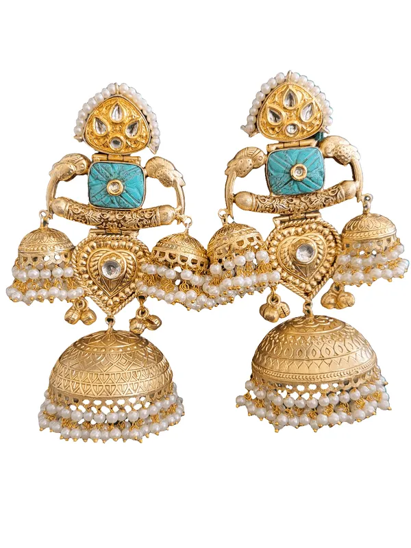 Gold_Toned_Big_Dome_Jhumka_Earrings_With_Turquoise_Accents_And_Pearl_Drops