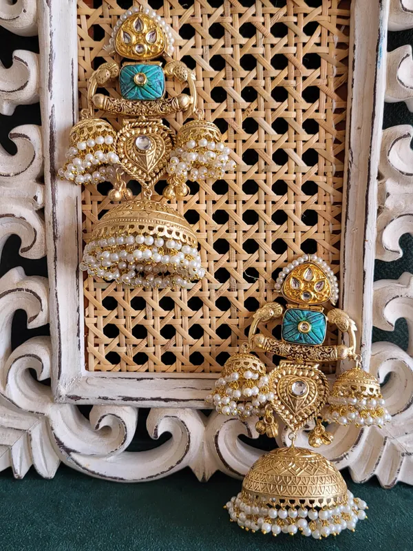 Gold_Toned_Big_Dome_Jhumka_Earrings_With_Turquoise_Accents_And_Pearl_Drops
