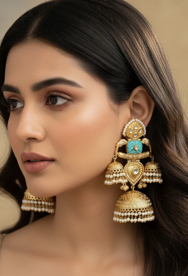 Gold_Toned_Big_Dome_Jhumka_Earrings_With_Turquoise_Accents_And_Pearl_Drops