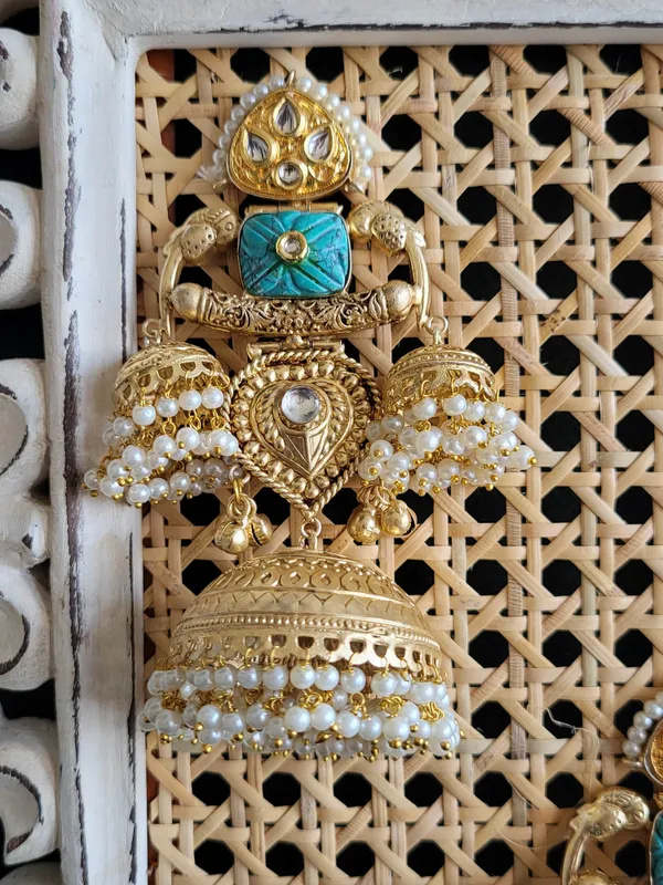 Gold_Toned_Big_Dome_Jhumka_Earrings_With_Turquoise_Accents_And_Pearl_Drops
