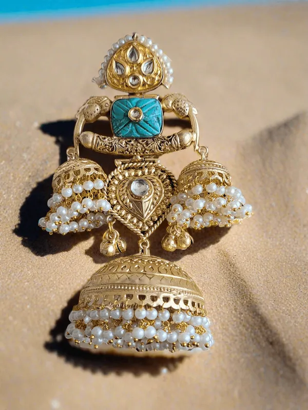 Gold_Toned_Big_Dome_Jhumka_Earrings_With_Turquoise_Accents_And_Pearl_Drops