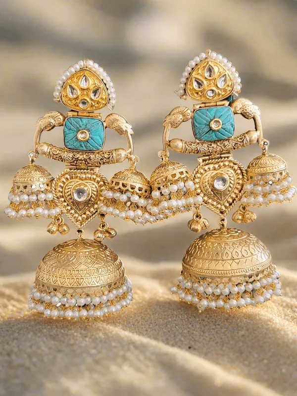 Gold_Toned_Big_Dome_Jhumka_Earrings_With_Turquoise_Accents_And_Pearl_Drops