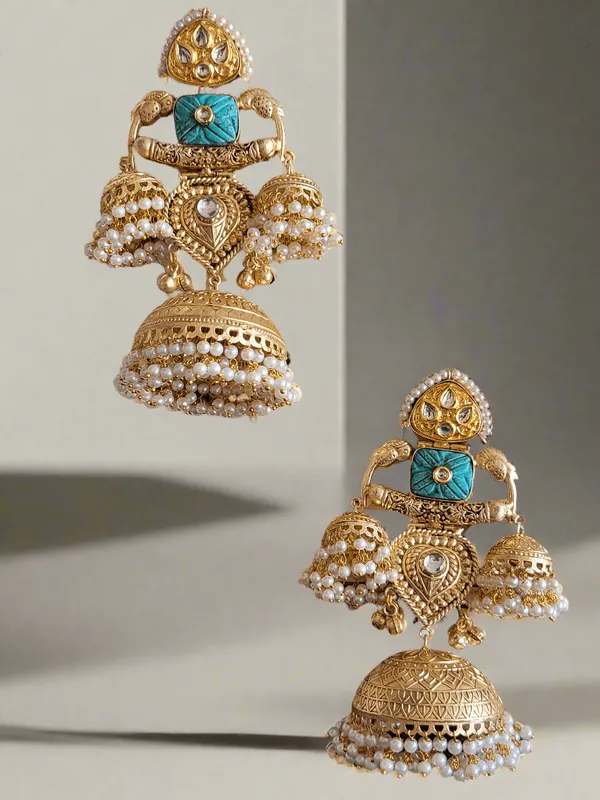 Gold_Toned_Big_Dome_Jhumka_Earrings_With_Turquoise_Accents_And_Pearl_Drops