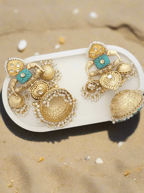 Gold_Toned_Big_Dome_Jhumka_Earrings_With_Turquoise_Accents_And_Pearl_Drops