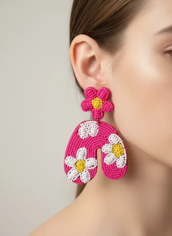 Neon_Pink_Floral_Beaded_Dangle_Earrings